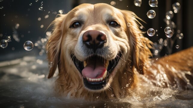 wet dog sitting in bathtub with soap bubbles flying around her, clear pet happy pet. modern minimalist bathroom interior vibrant colors
