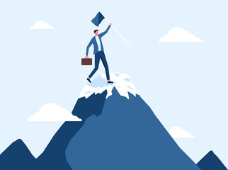 Business pioneer, conqueror, success opportunity, achievement or conquest, exploration concept, confidence businessman holding winner flag on top of mountain peak vector illustration
