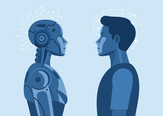 Artificial Intelligence VS Human. Vector illustration in a flat style of the robot and a human heads placed opposite each other, difference between a robot and a man