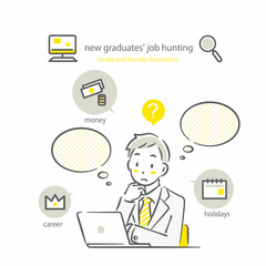 いろいろ考える就活中の男性　シンプルでお洒落な線画イラスト