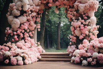lavish boho wedding arch decoration for a wedding ceremony celebration: many pink flowers peonies and roses, satin and silk curtains