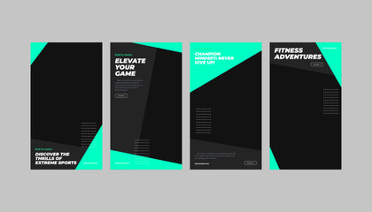  Sport Gym Fitness Promotion Set, complete with Standee, Roll-Up, Vertical Banner, and Social Media Story Templates. Immerse your audience in the world of fitness and wellness.
