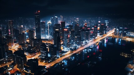 a satellite view of the big city with many high skyscrapers and much light at night