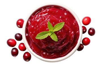 Cranberry sauce isolated on white transparent background, PNG. Thanksgiving holiday red sauce top view