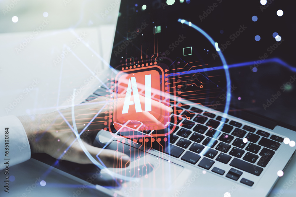 Poster double exposure of creative artificial intelligence abbreviation with hand typing on computer keyboa