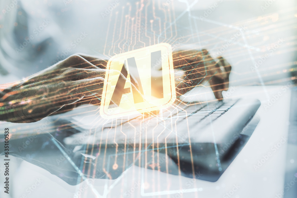 Poster double exposure of creative artificial intelligence icon with hands typing on laptop on background. 