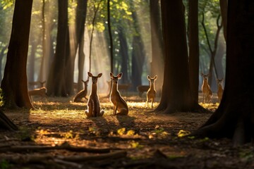 Yoga Amidst Nature: Imagining Deer in Perfect Yoga Poses in a Forest Clearing, Surrounded by Squirrels, Birds, and the Soft Glow of Morning Sun
