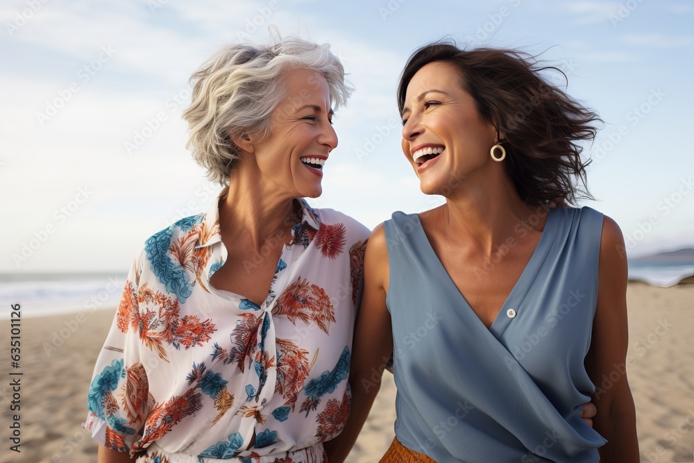 Wall mural a photo of two diverse middle-aged mature women in modern stylish clothes smiling, on a vacation at the seaside or beach, mature friendship representation.