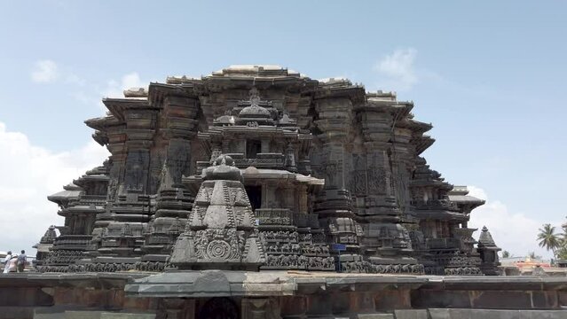 Belur, Karnataka, India-June 17 2023; A Tilt view of a Magnificent Hindu temple structure built in Star shape using sand stone at Belur in Karnataka, India.