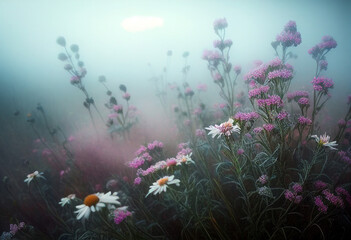 Endless meadow of wild flowers during the morning mist. AI Generated