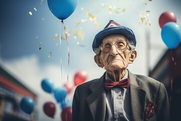 World Senior Citizens Day. International Day of Older Persons. Portrait of happy senior elderly retired man with gray hair and wrinkles with holiday balloons
