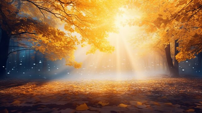 Defocused surreal shot of golden bokeh lights and abstract bursts among trees.