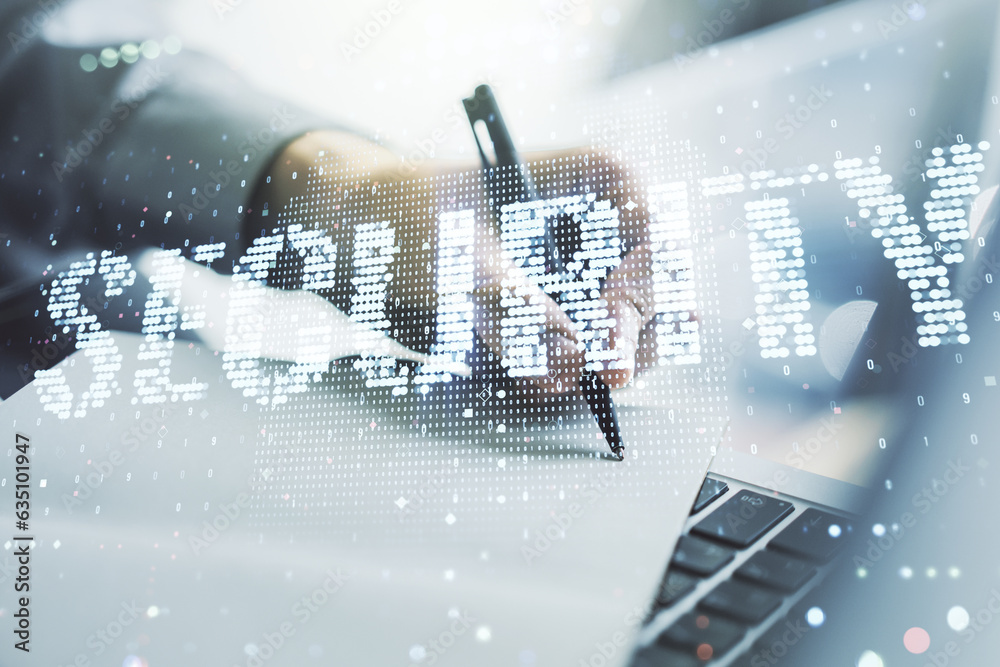 Aufkleber Cyber security creative concept with hand writing in notepad on background with laptop. Double exposure
