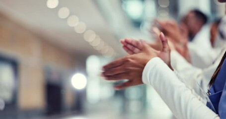 Hands, support and applause with business people at work in celebration of a bonus, award or achievement together. Target, goal or motivation with an employee group cheering a promotion in the office