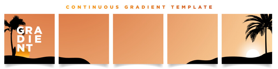 Sunset Gradient Continuous Background Template Set with beach and coconut trees. Five summer gradient backdrops. Perfect for designs, feeds, social media, web, banners. Vector Illustration. EPS 10. © Ja Creatives