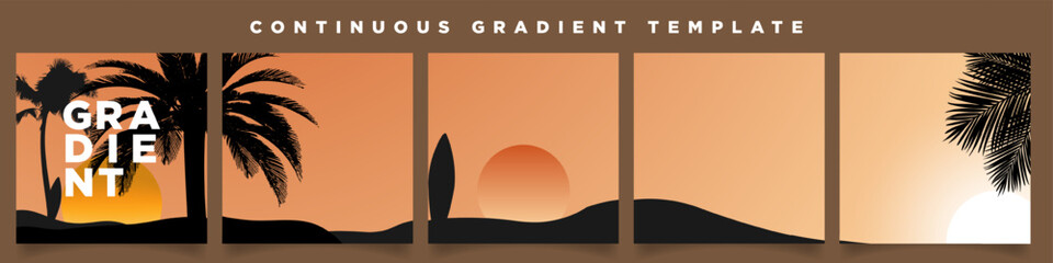 Sunset Gradient Continuous Background Templates with beach and coconut trees. Five summer gradient backdrops. Perfect for designs, feeds, social media, web, banners. Vector Illustration. EPS 10.
