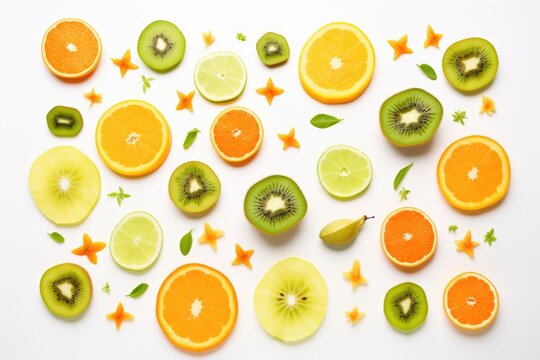 Creative fresh fruits layout. Papaya apple orange kiwi