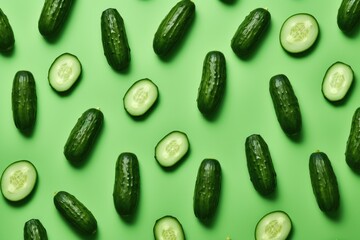 Creative layout made of cucumber on the green background
