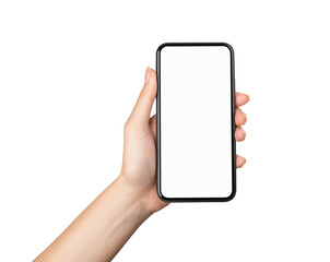 Clipping path, woman hand holding the black smartphone with mockup of blank screen on isolated white background.