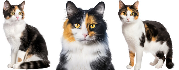 Collection of three-coloured cats, animal bundle isolated on white background as transparent PNG