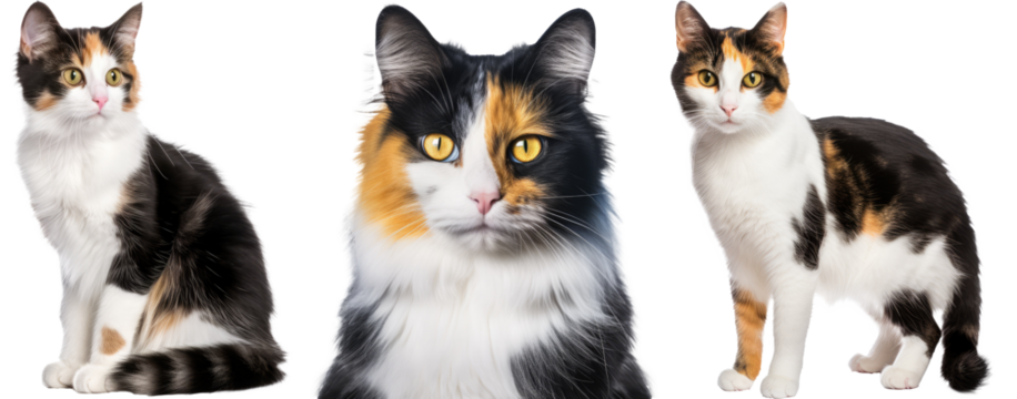 Collection of three-coloured cats, animal bundle isolated on white background as transparent PNG