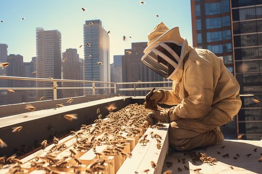 a professional beekeeper wearing a protective clothing taking care of his bee hive in the urban setting, harvesting honey from bee stocks at the top of a city skyscraper. modern beekeeping