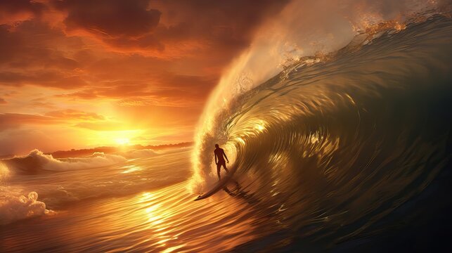 A fearless surfer riding a giant wave at sunset, feeling the adrenaline and thrill of conquering the powerful ocean. Generative AI