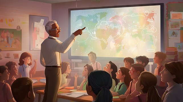 An enthusiastic teacher using modern digital resources, such as interactive panels, LED boards, and advanced projectors, to engage and captivate their students in the classroom. Generative AI