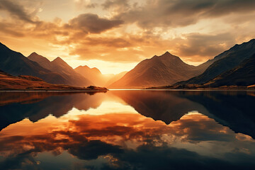 Sunset over the mountain reflection at golden hour