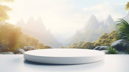 Fototapeta na wymiar 3d luxury white podium for your luxury product with nature background. Generative AI