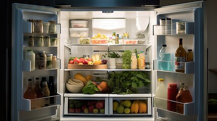 A family refrigerator fully stocked with a variety of fresh vegetables, drinks, dairy products, meat, and other essentials, ready for healthy and delicious meals. Generative AI