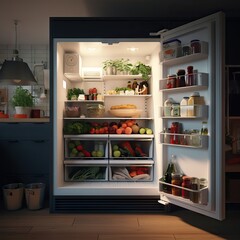 A family refrigerator fully stocked with a variety of fresh vegetables, drinks, dairy products, meat, and other essentials, ready for healthy and delicious meals. Generative AI