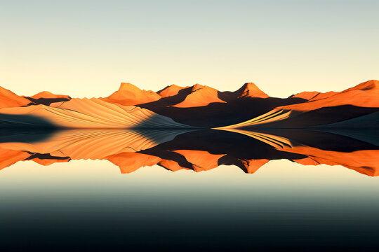 Desert dunes reflecting on a calm lake during sunset