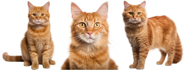 Collection of three cats with red fur, animal bundle isolated on white background as transparent PNG