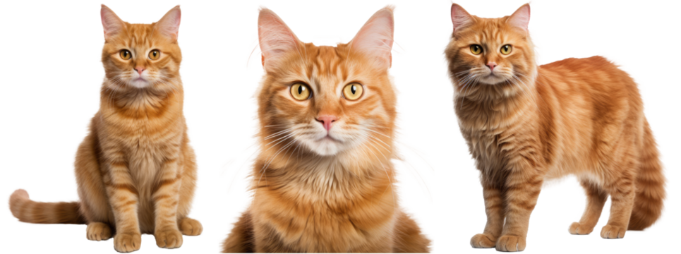 Collection of three cats with red fur, animal bundle isolated on white background as transparent PNG