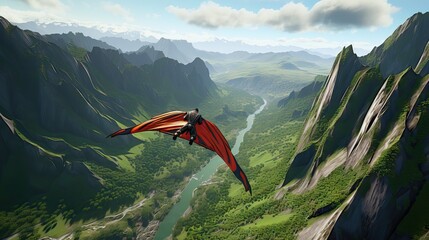 An adventurous wingsuit flyer soaring over a winding river nestled between two lush, green mountains, embracing the thrill of flight. Generative AI