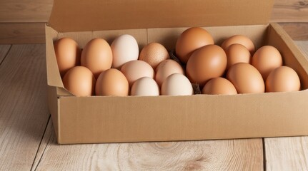 blank empty space Chicken eggs in cardboard boxes arranged on a wooden table.generative AI