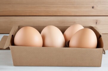 blank empty space Chicken eggs in cardboard boxes arranged on a wooden table.generative AI