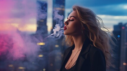 A confident and successful businesswoman taking a moment to relax, exhaling a cloud of vapor from her vaporizer while standing in a city corner at sunset. Generative AI