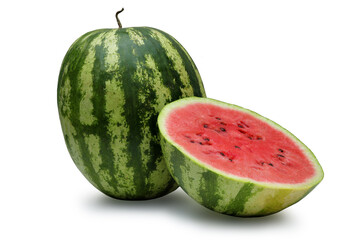 Whole watermelon and sliced ​​red watermelon isolated on white background. Great depth of field.