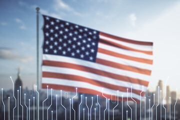 Abstract virtual micro chip hologram on USA flag and blurry skyscrapers background, artificial intelligence and machine learning concept. Multi exposure