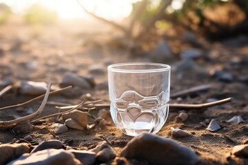 Empty glass cup on the dried ground
