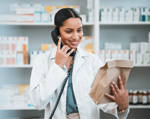 Phone call, pharmacy and woman with package for medicine, prescription and medication collection....