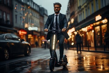Businessman driving a scooter in the middle of a city street. AI