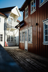Red house on the street in old town, lofoten, svolvær