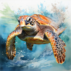 Big sea turtle watercolor painting. Sea Turtle Turquoise Ocean life  Art