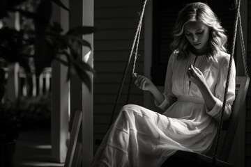 The woman sitting on a porch swing, a book in her lap and a contemplative expression on her face 