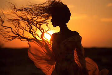An artistic shot of the woman's silhouette against the backdrop of a setting sun, symbolizing the twilight years of her life 
