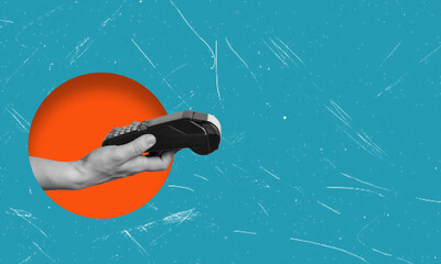 Collage of payment terminal plastic debit card of shopping center customer on blue background.