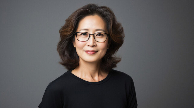 Mature older adult confident Asian business woman, smiling middle aged 50 years old senior lady model wearing eyeglasses looking at camera on grey background, close up face portrait.